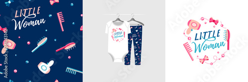 Seamless pattern and illustration for kid with beauty tools, text Little woman. Cute design pajamas on hanger. Baby background for fashion clothes, room decor, t-shirt, baby shower, wrapping