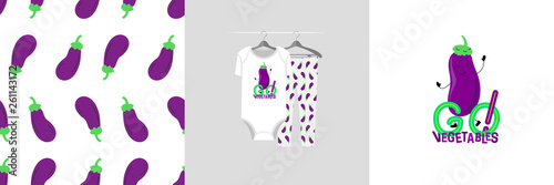 Seamless pattern and illustration for kid with eggplant, Go vegetable! Isolated design pajamas on hanger. Baby background for clothes wear, room decor, t-shirt print, baby shower invitation, wrapping