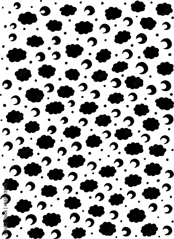 Black and white simple moons and clouds. Minimalistic background art. Doodle cartoon artwork. Vector illustration Black and white simple moons and clouds. Minimalistic background art. Doodle cartoon artwork. Vector illustration