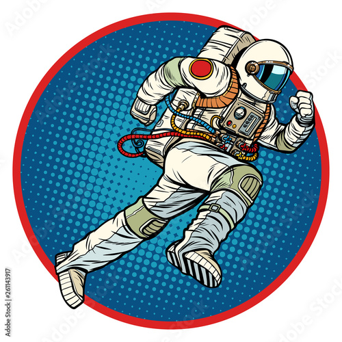 astronaut runs forward round emblem