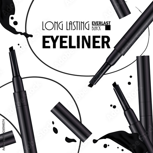 Beautiful Eyeliner Pen Poster for the promotion of cosmetic premium product. Cosmetic ads for packaging  with liquid smear ink elements. Design of New Product.