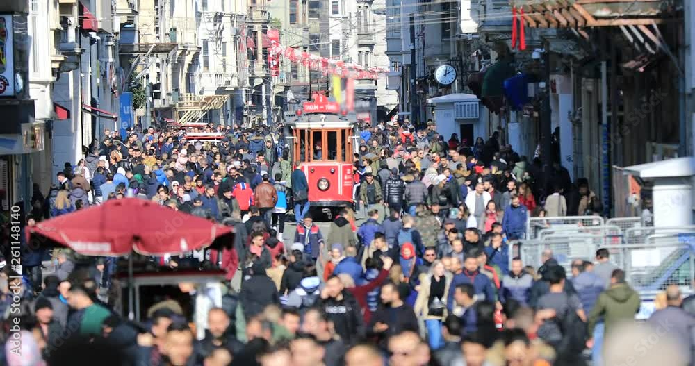A view of crowded walking on famous Taksim Istiklal Avenue at winter time. Time lapse A view of crowded walking on famous Taksim Istiklal Avenue at winter time. Time lapse