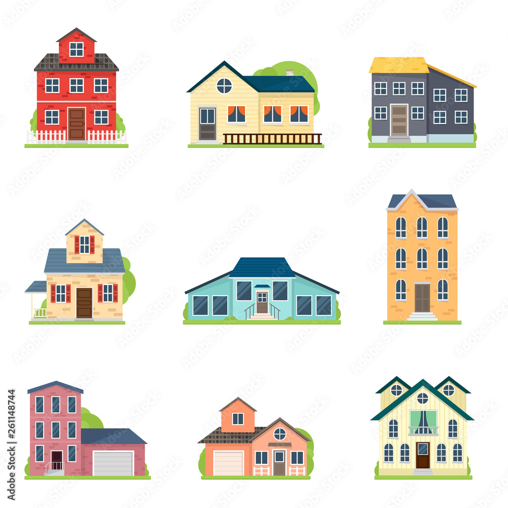 Set of cute colorful houses in city or village style