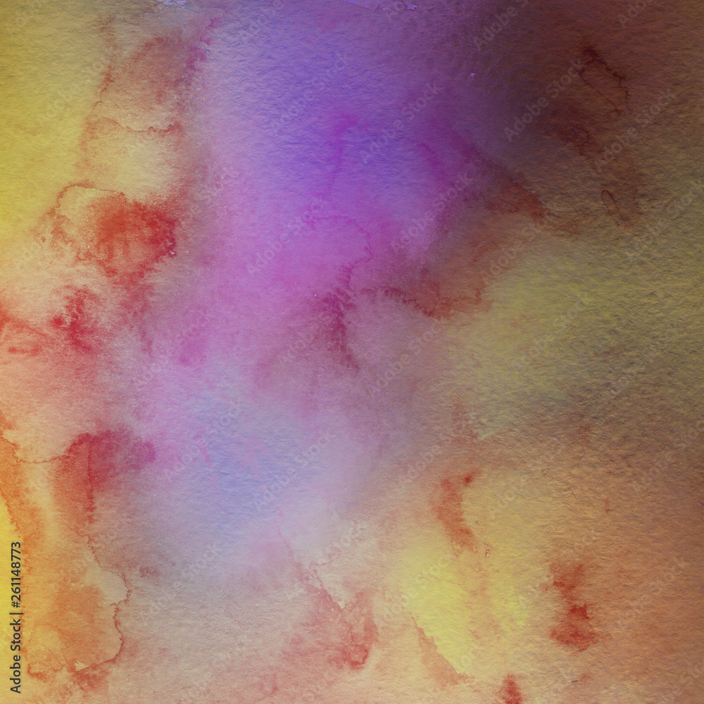 Colorful bright ink and watercolor texture on white paper background. Paint leaks and ombre effects. Hand painted abstract image.