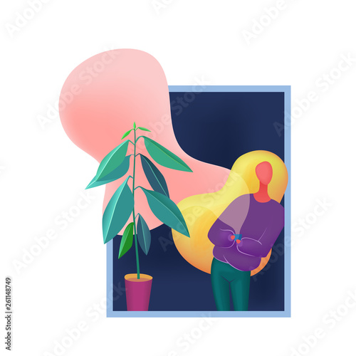 Woman staying near window, holding cup and looking out the window abstract vector illustration.