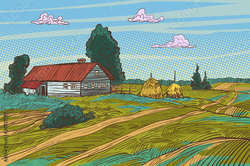 rural landscape autumn field village houses
