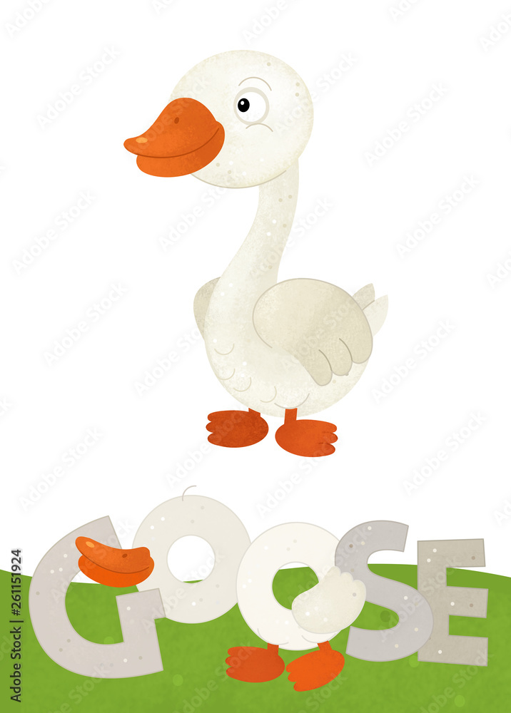 cartoon scene with happy goose on white background with name sign of animal - illustration for children cartoon scene with happy goose on white background with name sign of animal - illustration for children