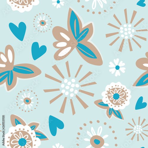 Modern, romantic floral seamless pattern, perfect for textile and fashion designs, cards, wedding stationery and decorations. Soft turquoise with white, teal and brown. Lovely for beach weddings.