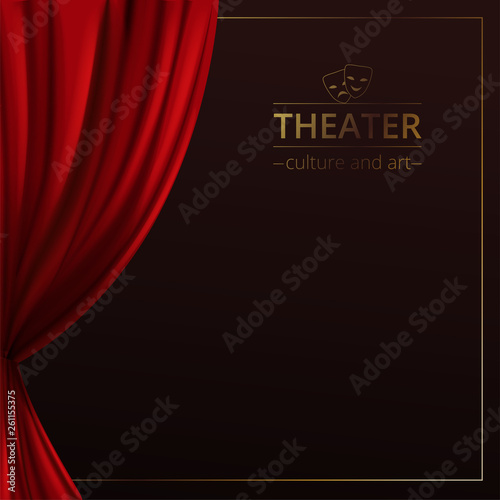 Banner with a stage and theatrical red curtains on a dark background with a golden frame and the logo of the theater
