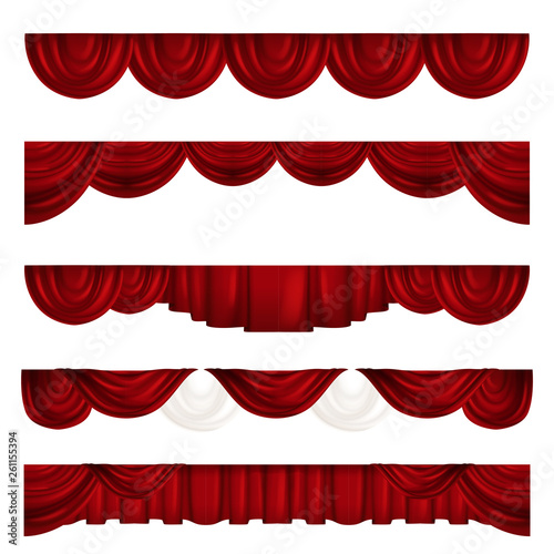 Collection of different theater curtains. Red velvet drapes