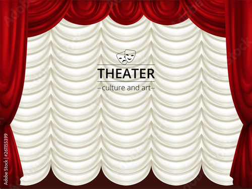 Background with stage, red and white theater curtains. Silk drape