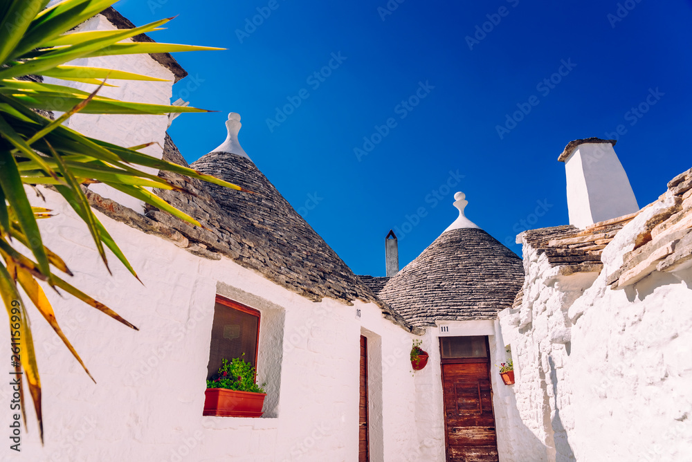 Houses of the tourist and famous Italian city of Alberobello, with its typical white walls and trulli conical roofs.