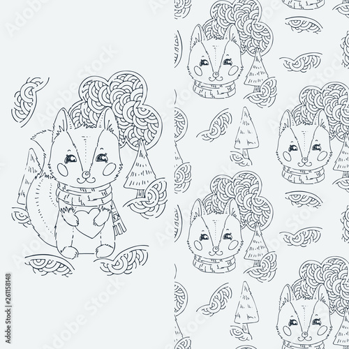Set of seamless cute childish pattern and doodle cut image with hand drawn cute animals. Creative doodle kids texture for fabric, wrapping, textile, wallpaper, prints, apparel