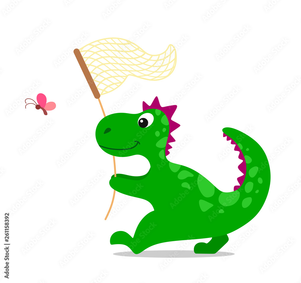 Naklejka premium Cute cartoon dinosaur catches a butterfly with a Bob. Vector illustration on white background. 