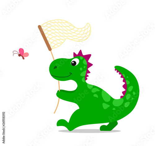 Cute cartoon dinosaur catches a butterfly with a Bob. Vector illustration on white background. 