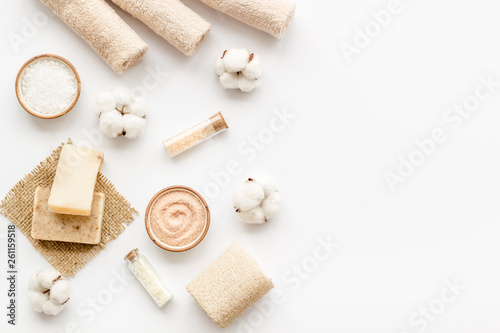 Organic cosmetics and eco materials for homemade spa on white background top view mock up