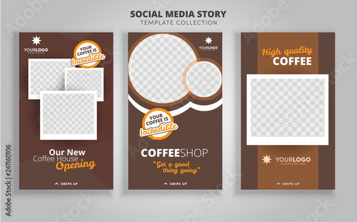 3 layout templates for social media, mobile apps or flyer design with coffee. Set of cards with coffee cup and desserts  with chalk .