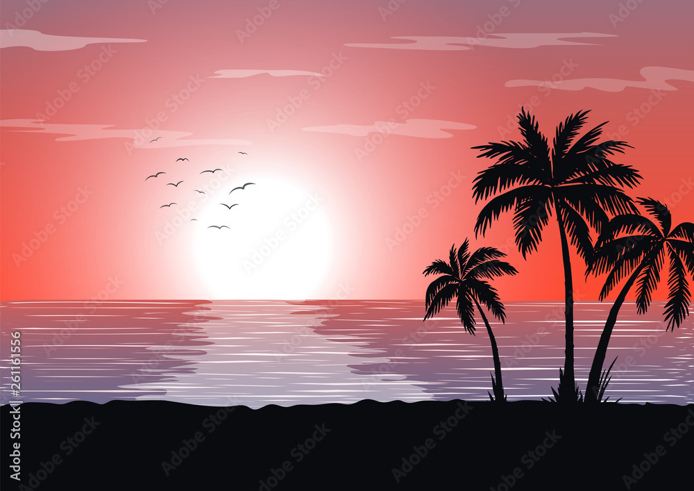 Exotic tropical  landscape. Palm trees at sunset or moonlight. Seascape. Tourism and travelling. Vector flat design