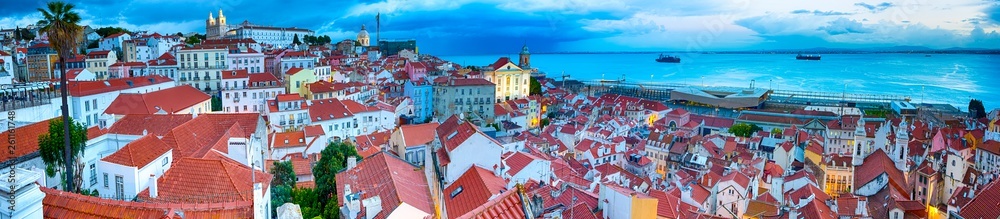 Panoramic Image of The Oldest Alfama District in Lisbon in Portugal. Townscape Scenery Was Made During a Blur Hour.Panoramic Image
