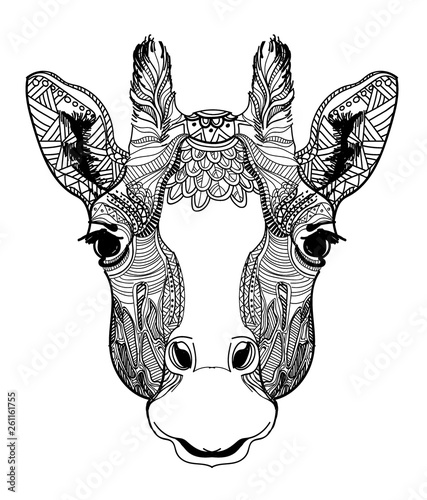 The head of a giraffe. Meditation, coloring of the mandala. Small horns and spots on the head. Drawing manually, templates. Strips, points, arrows. Spots of watercolor paint, spray.