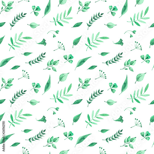Watercolor seamless pattern with green herbs and leaves on white background.