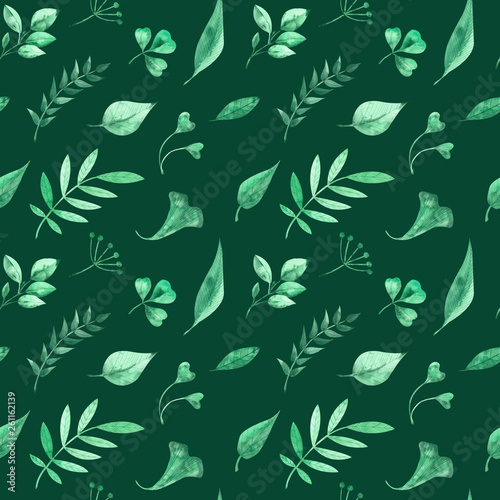 Watercolor seamless pattern with green herbs and leaves on green background.