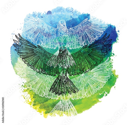 A bird with spread wings. Drawing manually in vintage style. Meditative coloring for children. Arrows, points, patterns, scales, strokes, wool. Bird, logo.