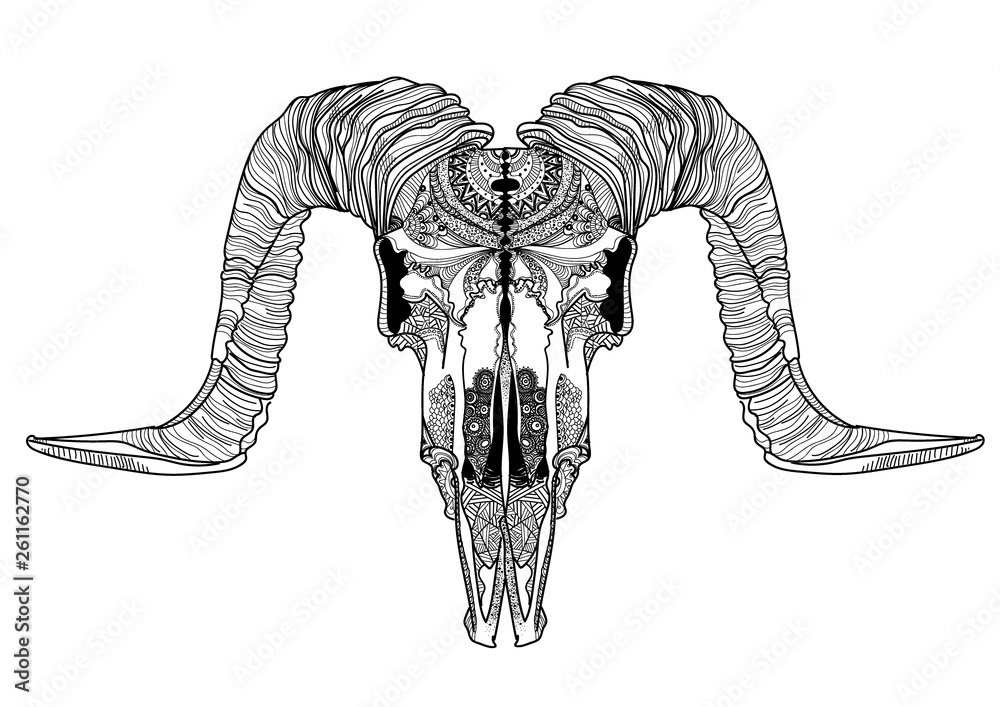 Obraz premium Skull of a ram. Meditation, coloring of the mandala. Ethnic. Drawing manually, templates. Strips, points, arrows. Spots of watercolor paint, spray.