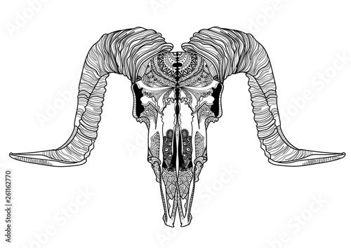 Skull of a ram. Meditation, coloring of the mandala. Ethnic. Drawing manually, templates. Strips, points, arrows. Spots of watercolor paint, spray.