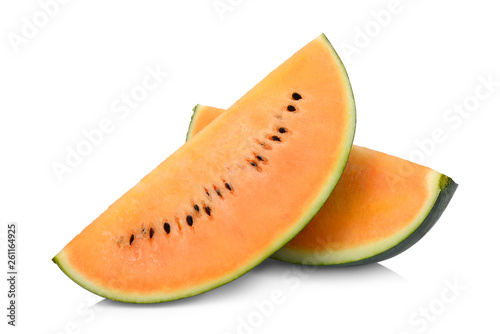 two sliced king orange watermelon or sweet gold watermelon isolated on white background