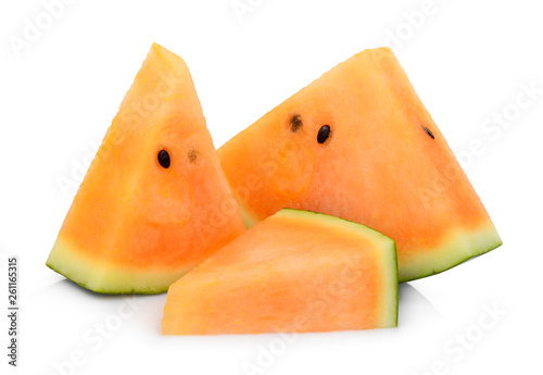 sliced king orange watermelon or sweet gold watermelon isolated on white background
