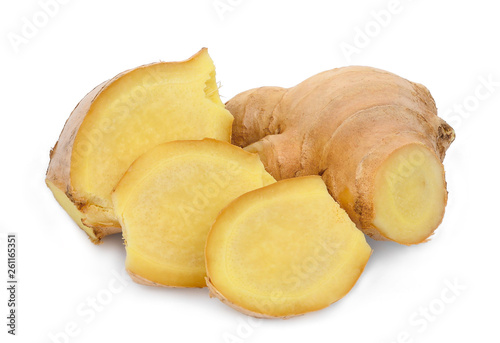 fresh ginger with slices isolated on white background
