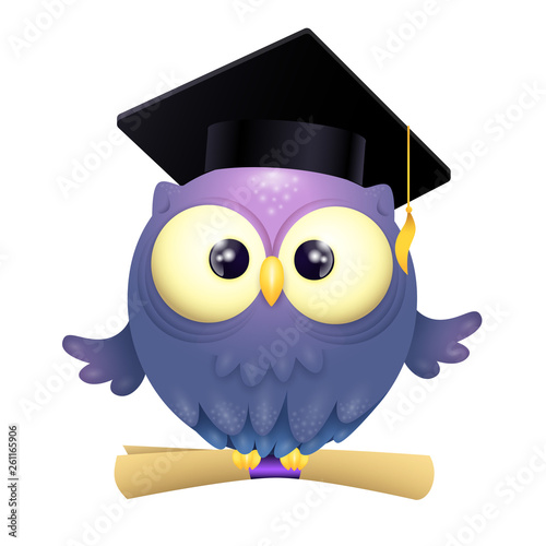 Vector Illustration of a cute lillte Owl wearing graduation cap and holding diploma while flying photo