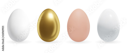Realistic chicken egg set. Golden, brown and white eggs. Isolated vector illustration. Easter concept.