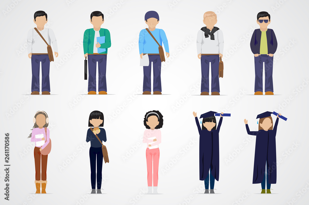 College Students. Diverse College Students - Isolated On Gray Background - Vector Illustration. University People Icon Set. Flat Design Of Young Man And Woman. People With Characters And Professions