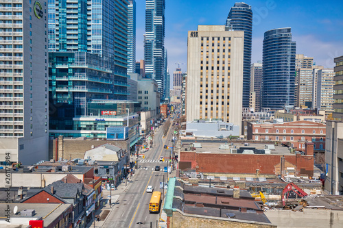 Toronto, Ontario, Canada-20 June, 2018: Toronto financial district skyline along central Yonge street photo