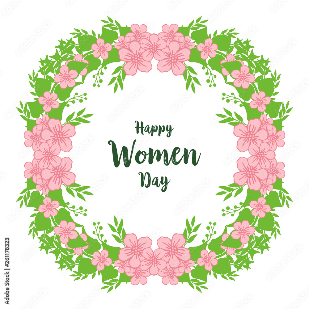 Vector illustration lettering of happy women day for pattern art pink wreath frame