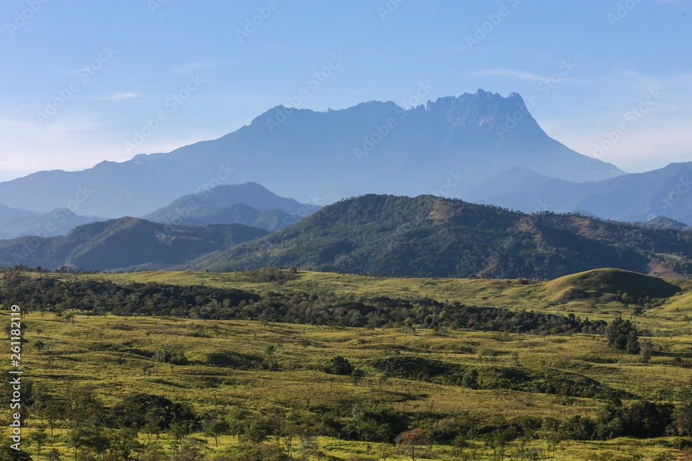 Mt. Kinabalu view in the morning with clear blue sky.