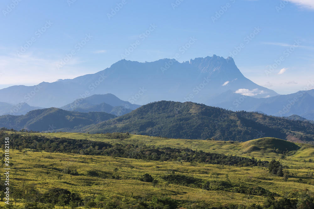 Mt. Kinabalu view in the morning with clear blue sky.