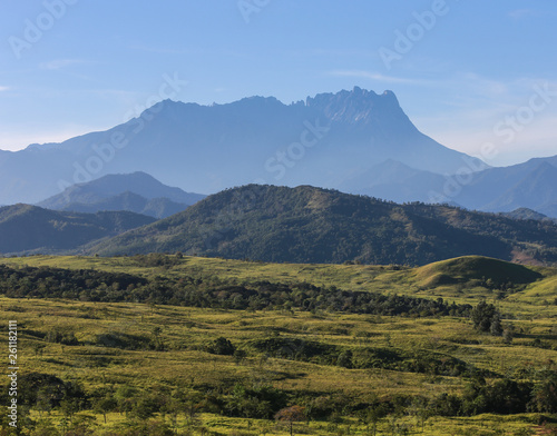 Mt. Kinabalu view in the morning with clear blue sky.