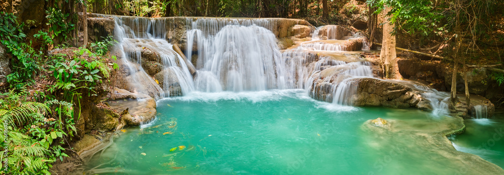 Fototapeta Beautiful waterfall Huai Mae Khamin, Thailand. Panorama