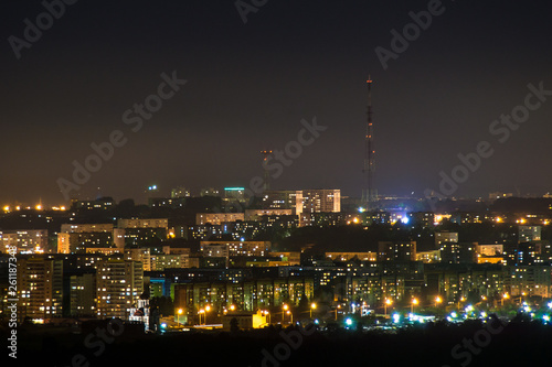 night city lights panorama, television tower and temple