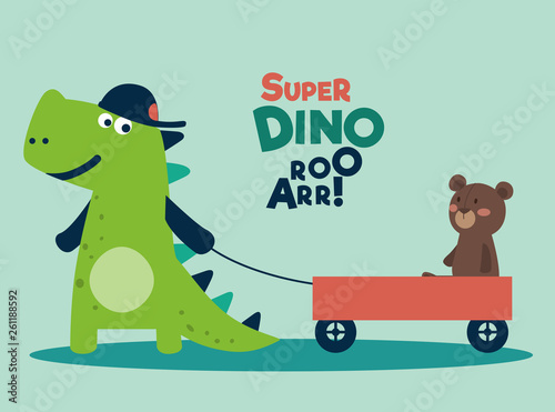 Fototapeta Naklejka Na Ścianę i Meble -  Funny dinosaur with wagon cart 