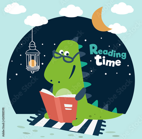 Fototapeta Naklejka Na Ścianę i Meble -  Cute dinosaur reads a book. Funny tyrannosaur 