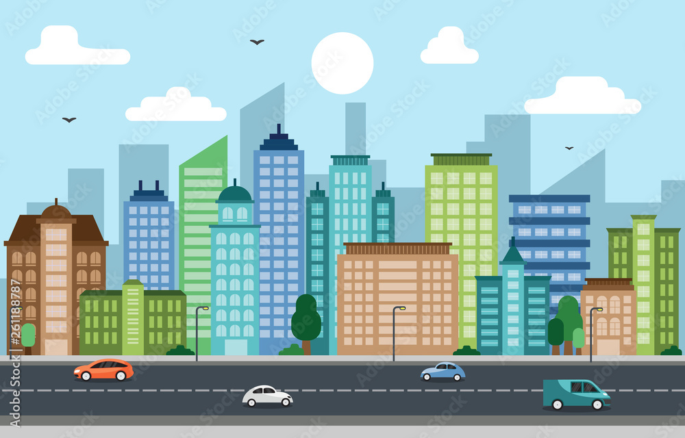 City Cityscape Skyline Landmark Building Traffic Street Illustration