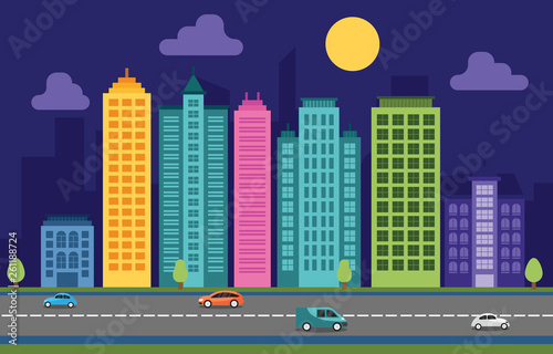 City Cityscape Skyline Landmark Building Traffic Street Illustration