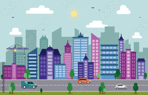 City Cityscape Skyline Landmark Building Traffic Street Illustration