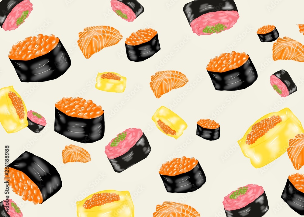 Japanese food style, Hand drawn of Salmon sashimi, Maki sushi, Ikura sushi and Negi Toro seamless pattern on pink background, Great for menu, Collection food concept, for background uses, mixed sushi Japanese food style, Hand drawn of Salmon sashimi, Maki sushi, Ikura sushi and Negi Toro seamless pattern on pink background, Great for menu, Collection food concept, for background uses, mixed sushi