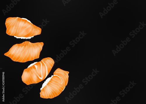 Japanese food style, Sushi salmon with lemon sliced on black isolated on black background for Asian restaurant menu, Hand drawn, Collection food concept (Nigiri Sushi)