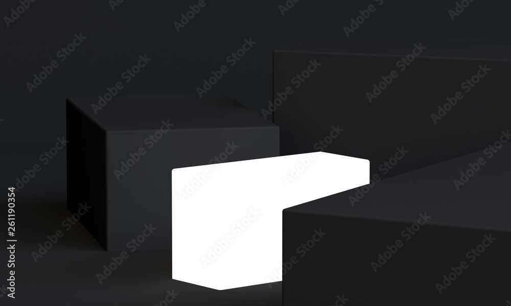 white glow cube and dark grey geometrical abstract background, pastel colors, 3D render, trend poster, Illustration , Minimalist Style.